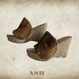 ASH Suede Studded Platform Straw Wicker Wedge Heels Sandal  Sz 38